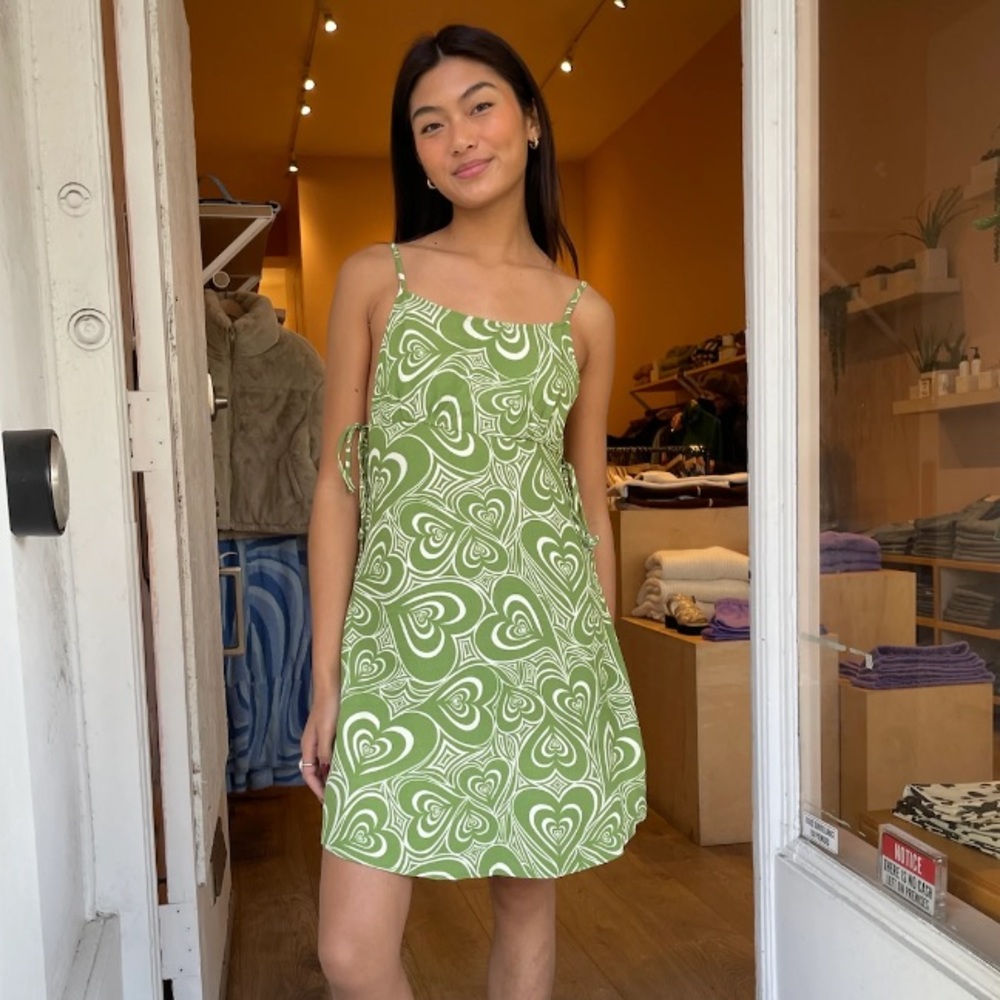 Lisa Says Gah Yolande Mini Dress, Sage Green Heart pattern, Medium, NWT